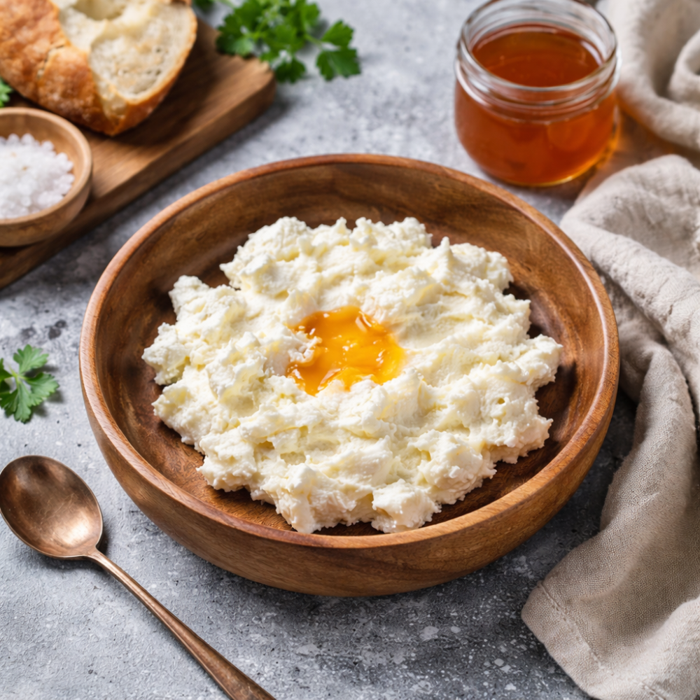 Domaći kajmak u drvenoj činiji na kuhinjskom stolu, prikaz kremaste teksture kajmaka u tradicionalnom kuhinjskom okruženju