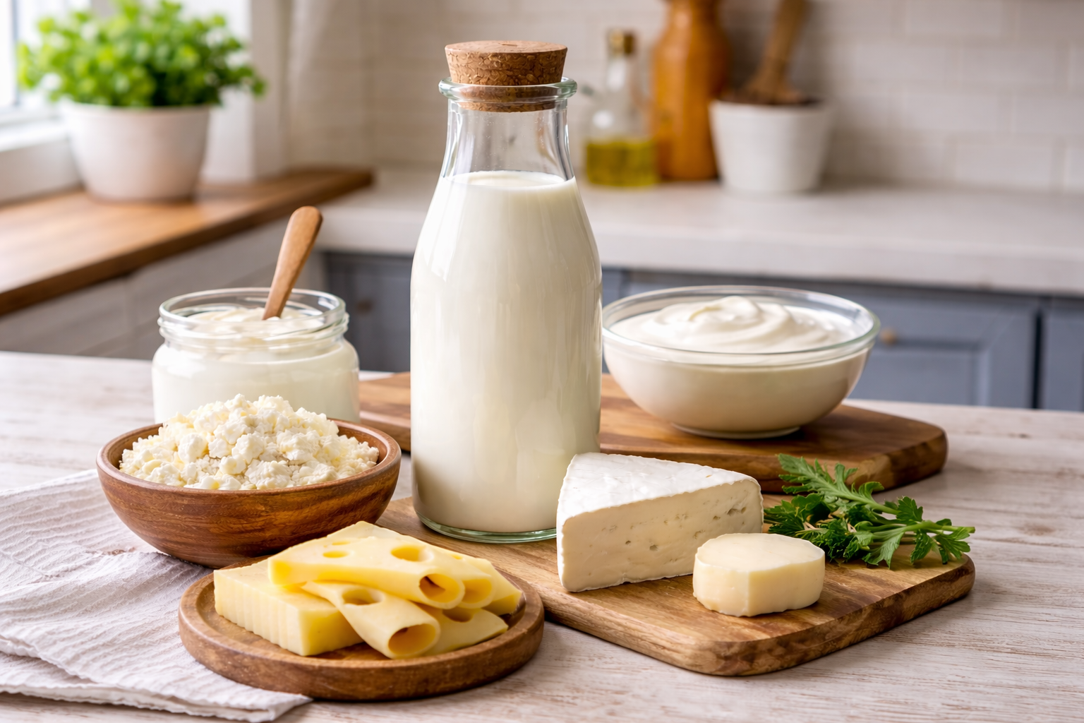 Sveđe mleko u staklenoj boci okruženo mlečnim proizvodima u kuhinjskom okruženju.
