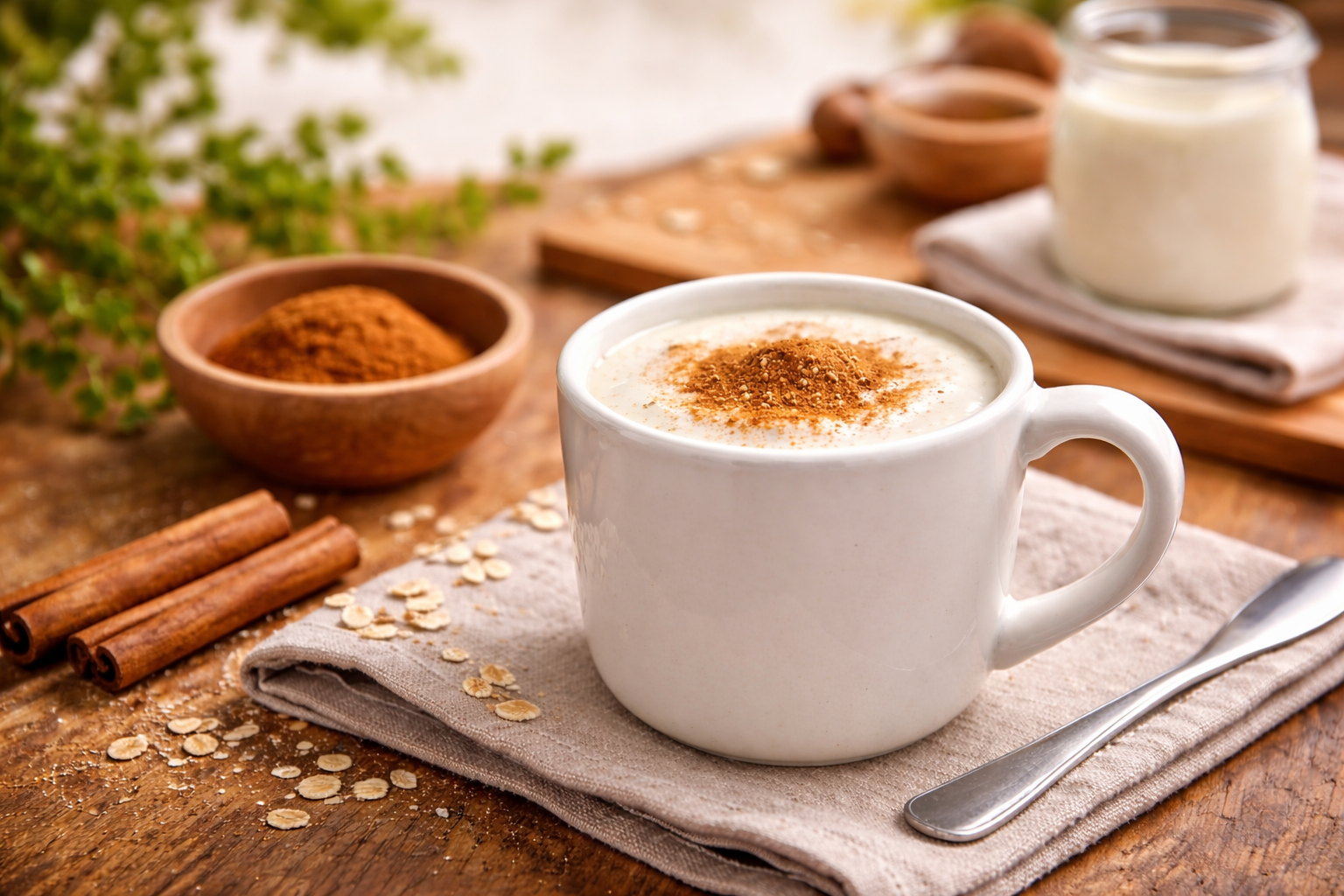 Bela keramička šolja sa jogurtom posutim cimetom na drvenoj kuhinjskoj površini