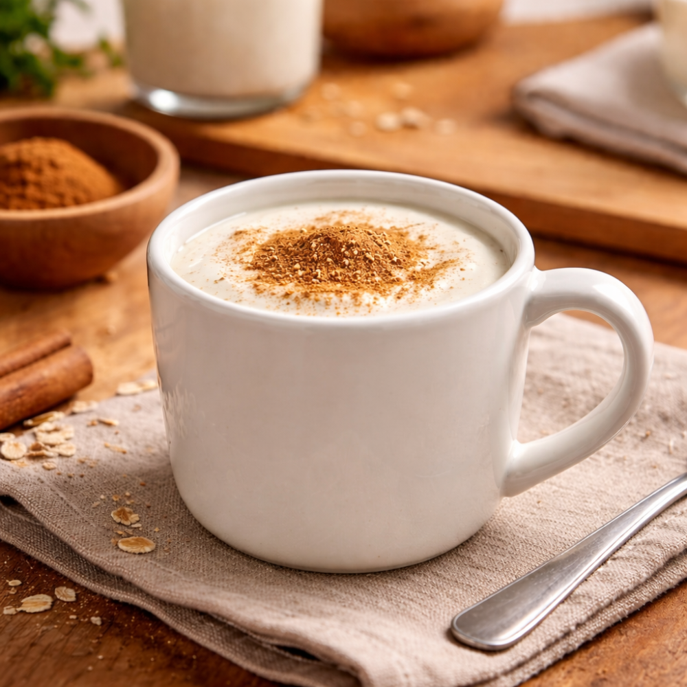 Šoljica jogurta sa prstohvatom cimeta u beloj keramičkoj šolji sa drškom, na drvenoj kuhinjskoj podlozi