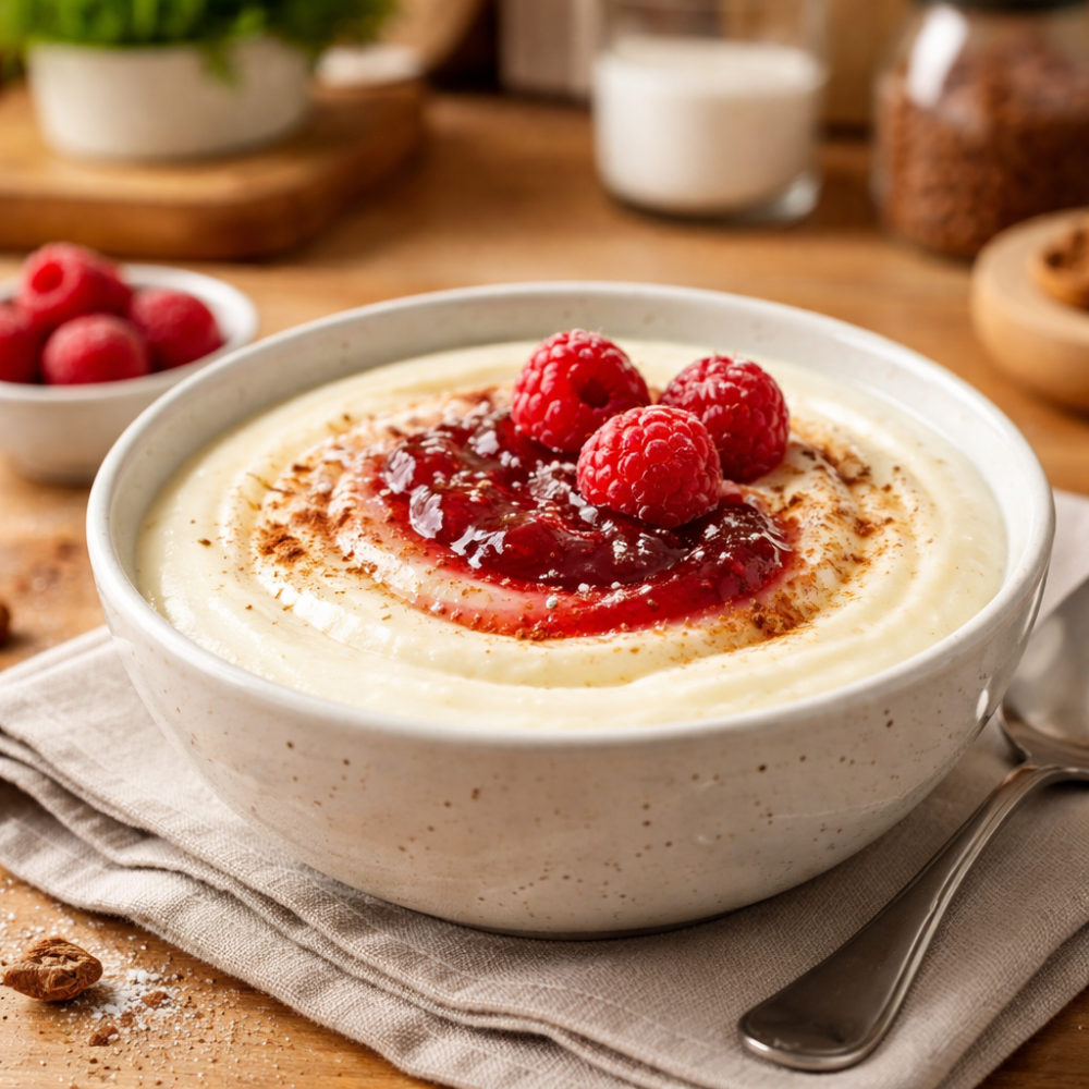 Činija kremastog griza sa džemom od maline, svežim malinama, cimetom i prah šećerom, postavljena na rustičnu drvenu površinu sa blagim osvetljenjem.