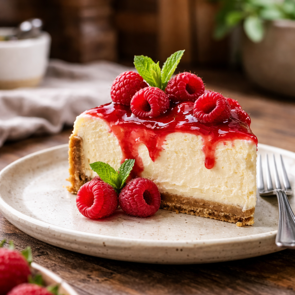 Cheesecake sa malinama na tanjiru, kremasti kolač sa prelivom od maline i svežim malinama, domaći dezert.
