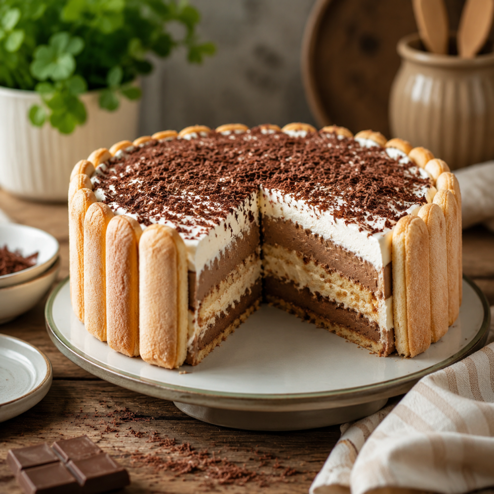 Markiza torta sa čokoladnim filom i piškotama u prirodnom kuhinjskom okruženju